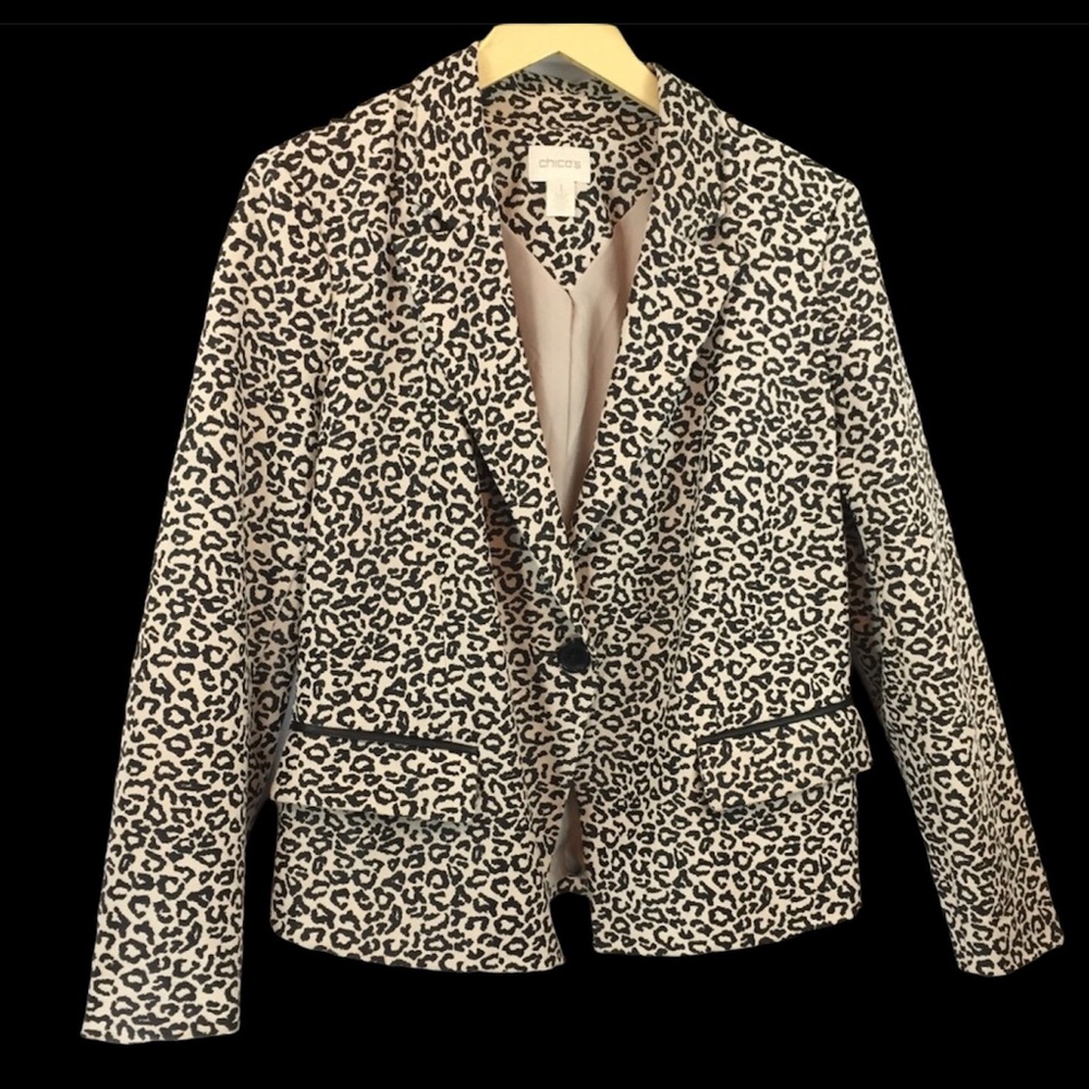 Chicos 1 Leopard Print Blazer Black Beige Tan Work